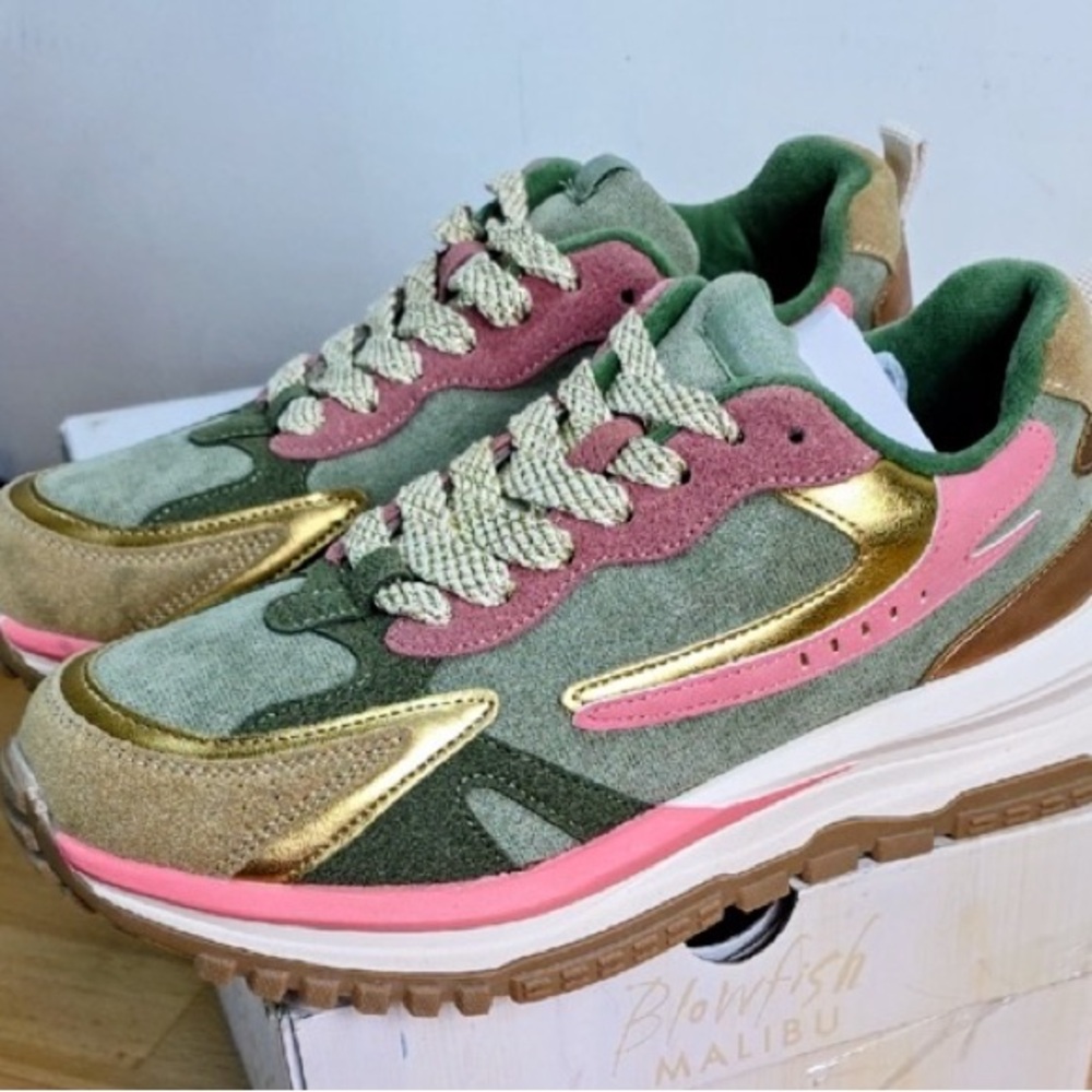 Blowfish Malibu Green Suede Sneakers with Pink & Gold Accents